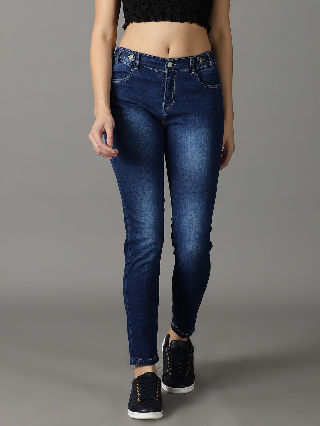 Women's Navy Blue High-Rise Light Fade Acid Wash Stretchable Cotton Jeans