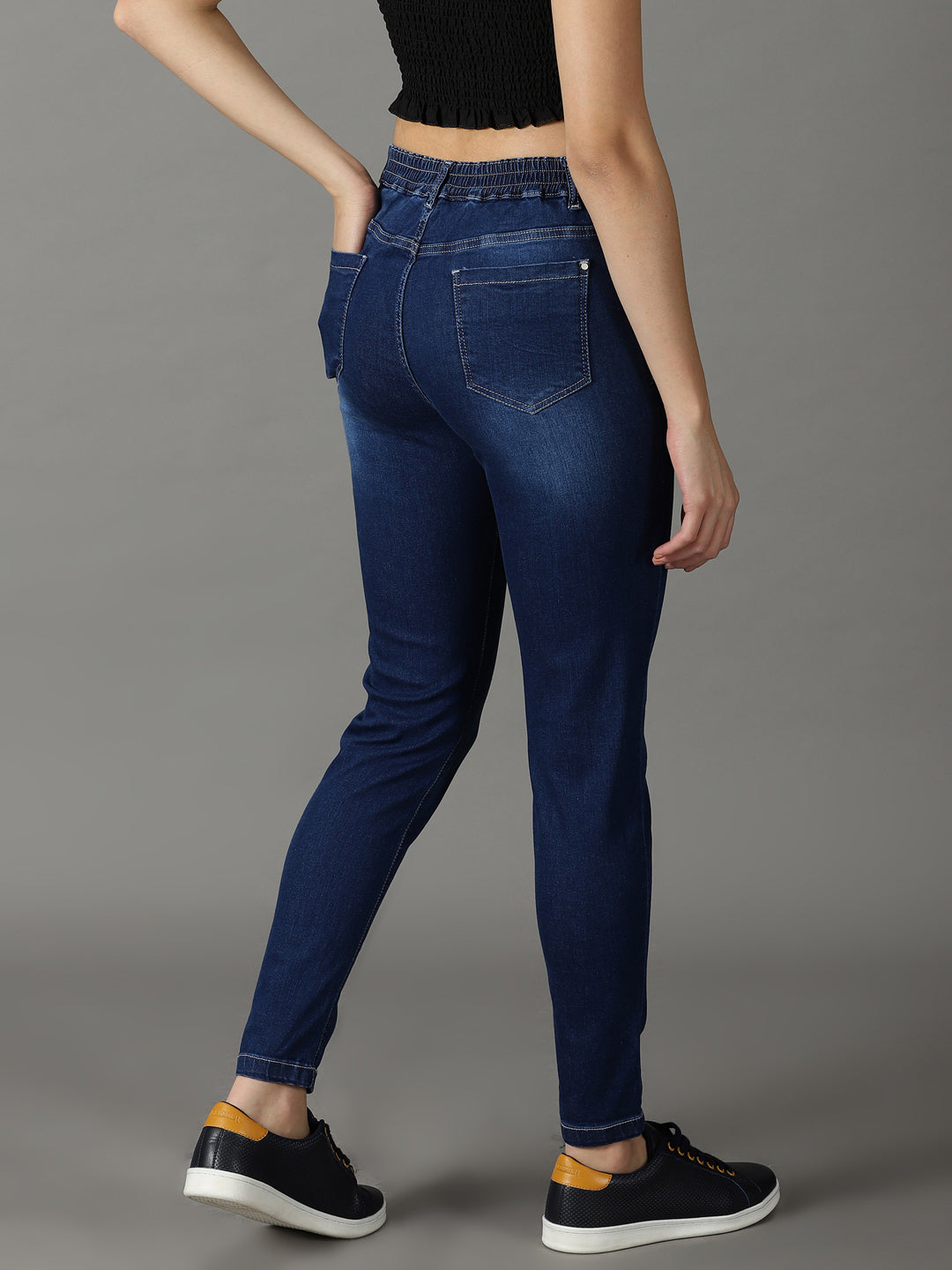 Women's Navy Blue High-Rise Light Fade Acid Wash Stretchable Cotton Jeans