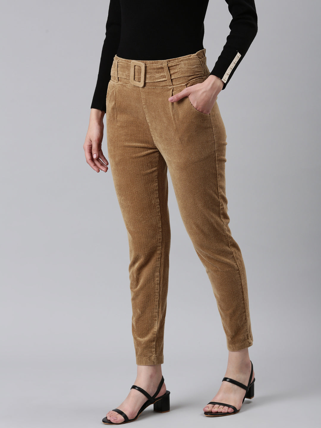Women's Khaki Slim Fit High-Rise Pleated Peg Trousers