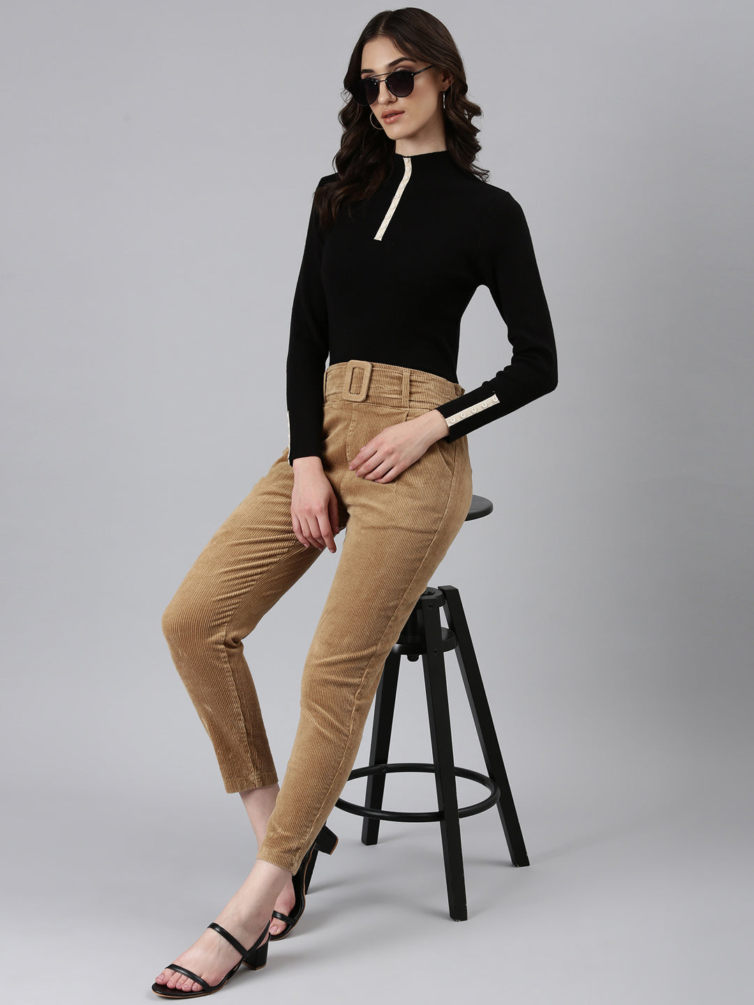 Women's Khaki Slim Fit High-Rise Pleated Peg Trousers