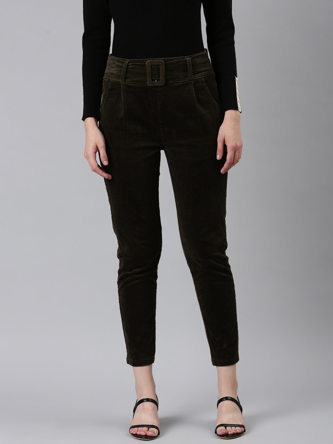 Women's Olive Slim Fit High-Rise Pleated Trousers