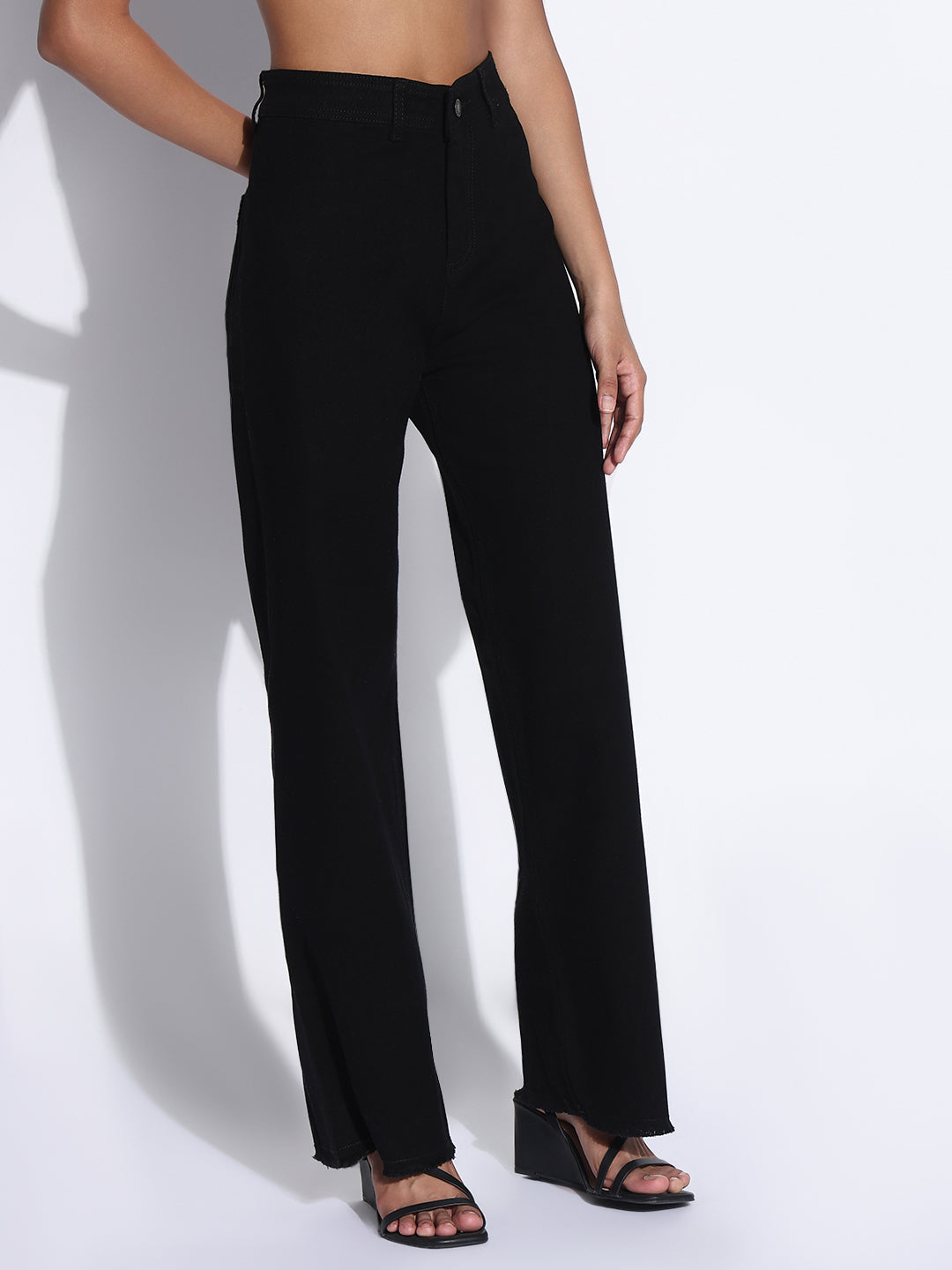 Women's Solid Black Frayed Hem Wide Leg Jeans