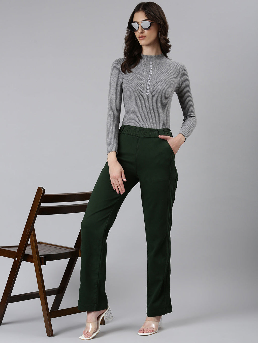 Women's Olive Straight Fit High-Rise Trousers