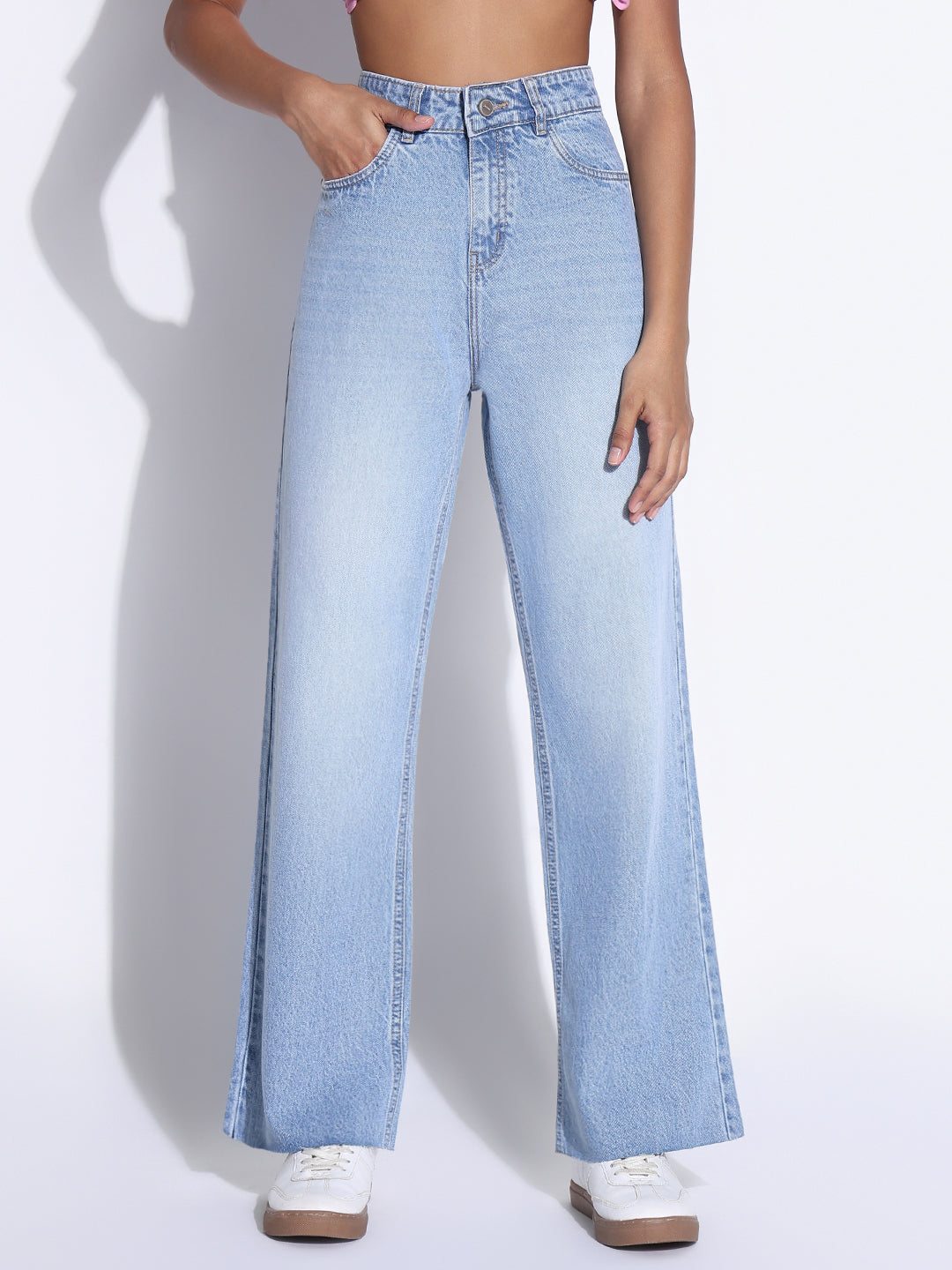 Women's Solid Blue Wide Leg Jeans