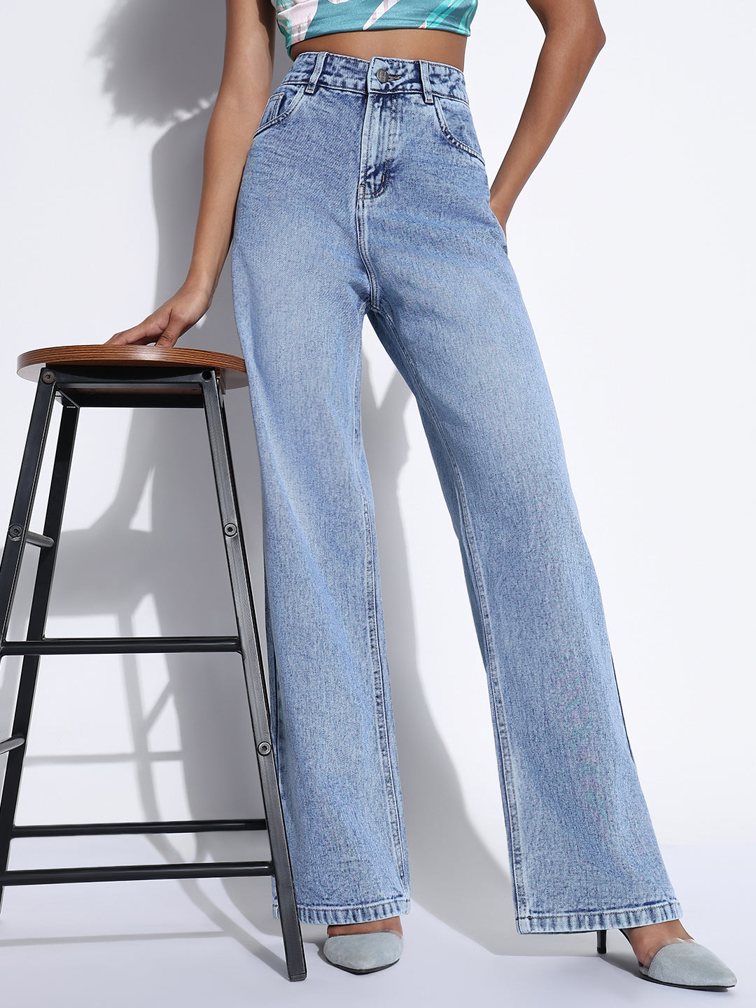 Women's Solid Blue Wide Leg Jeans