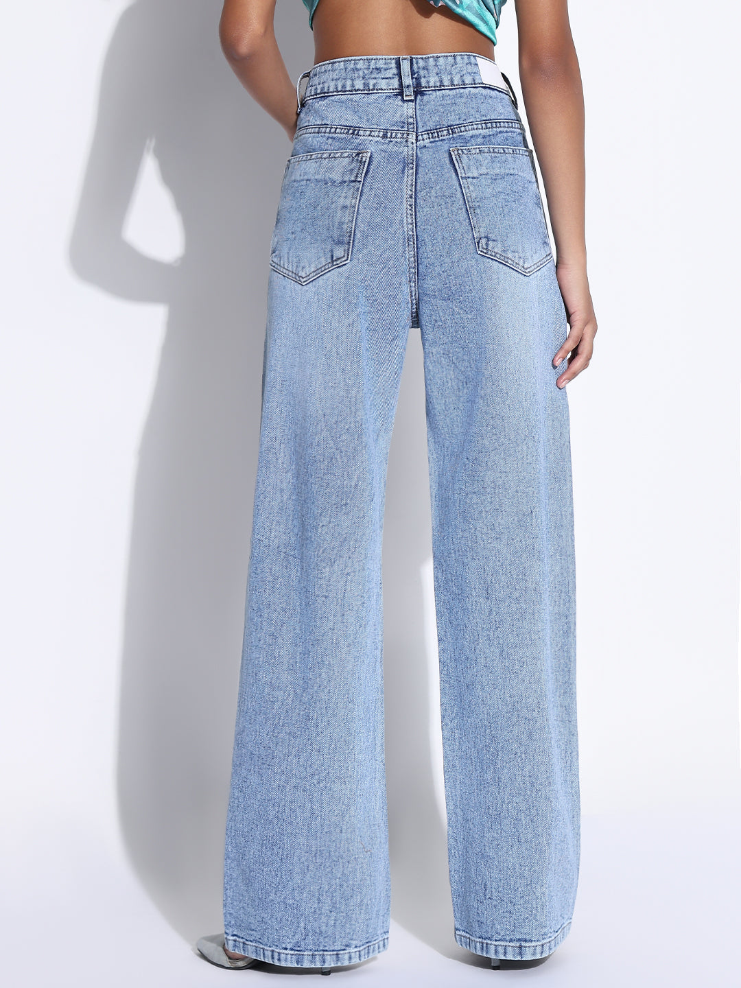 Women's Solid Blue Wide Leg Jeans