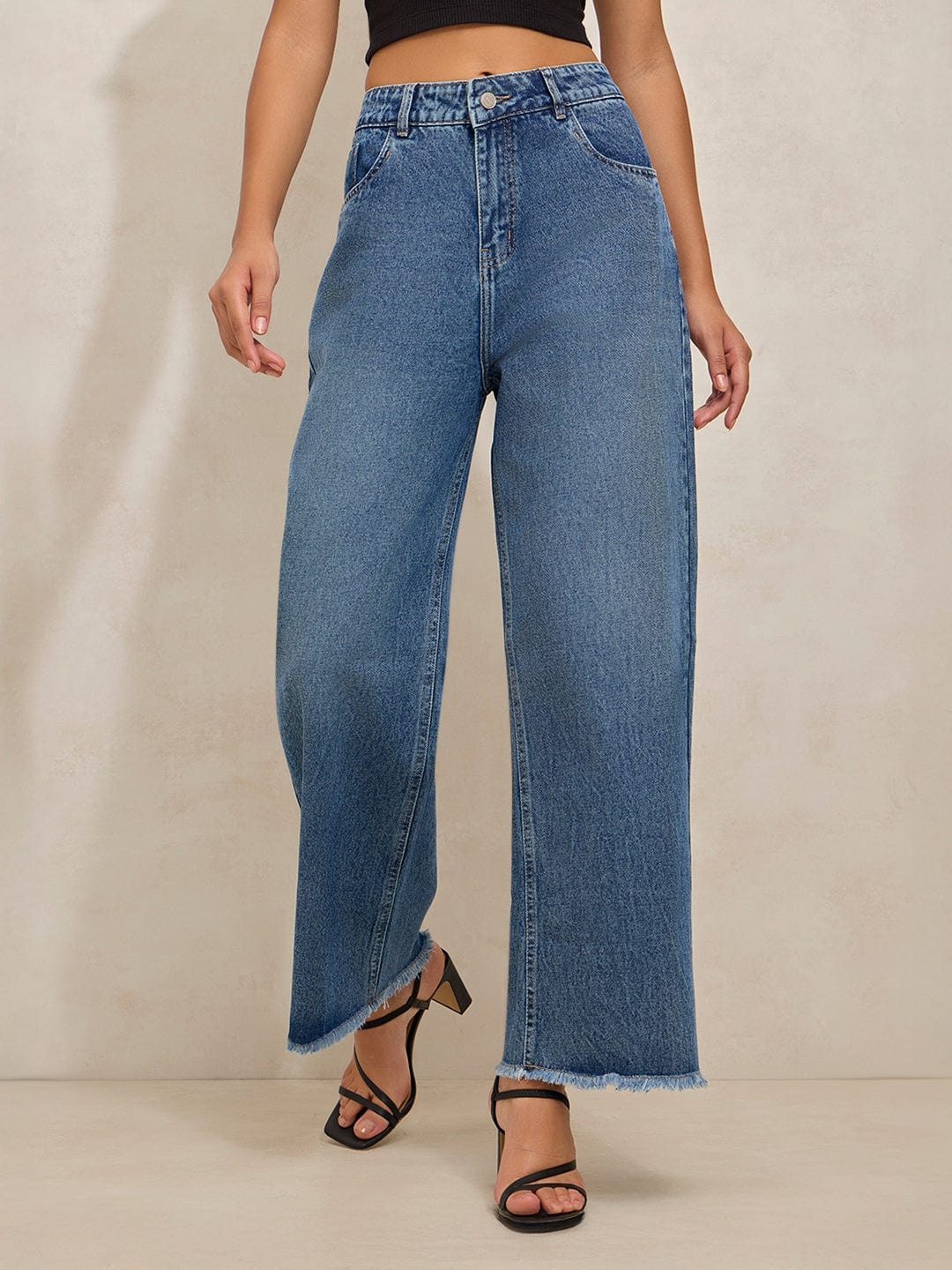 Women's Blue High Rise Wide Leg Jeans with Frayed Hem