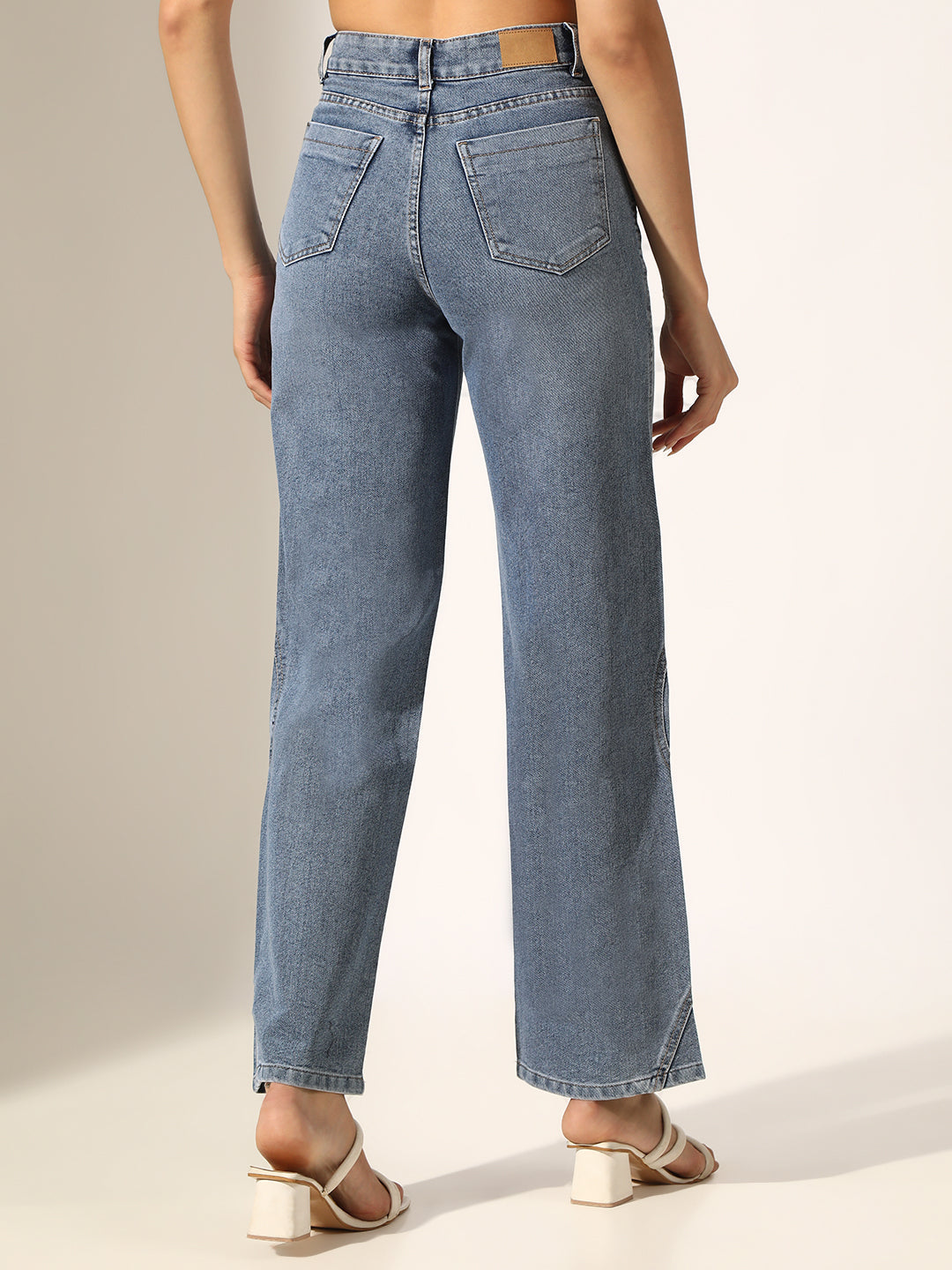 Women's Blue High-Rise Straight Fit Jeans with Curved Panel Detail