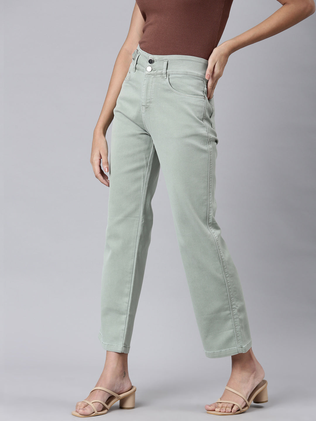 Women's Green Straight Fit Acid Wash High-Raise Denim Jeans
