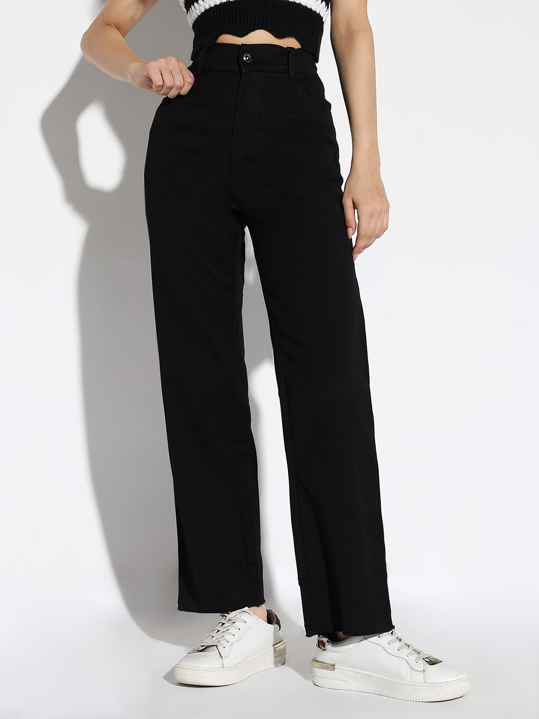 Women's Black Cotton Comfort Straight Fit Acid Wash Stretchable Jeans
