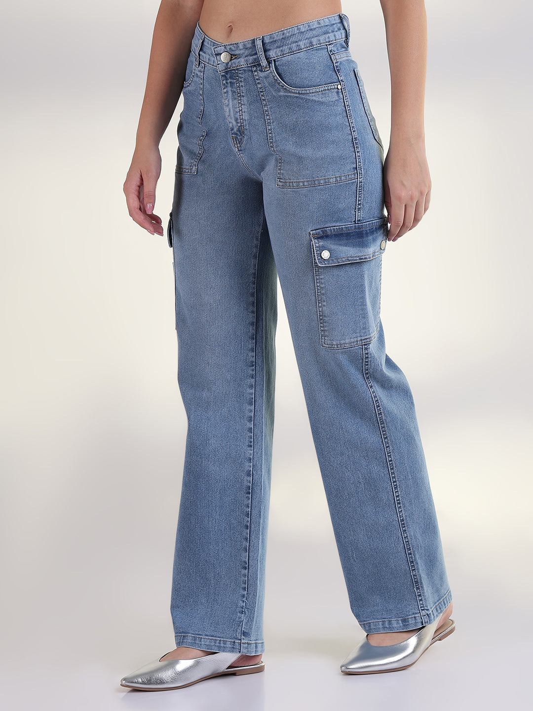 Women's Solid Blue Straight Fit Cargo Jean