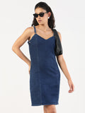 Women's Solid Navy Blue Denim Pinafore Dress