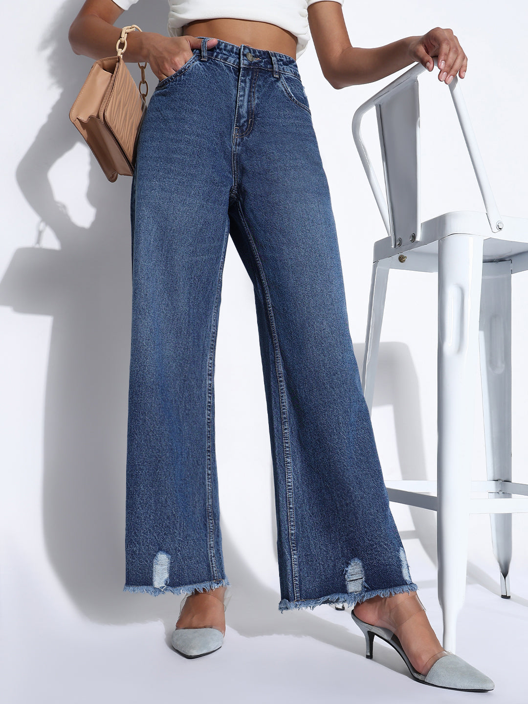 Women's Solid Navy Blue Ripped Wide Leg Jeans