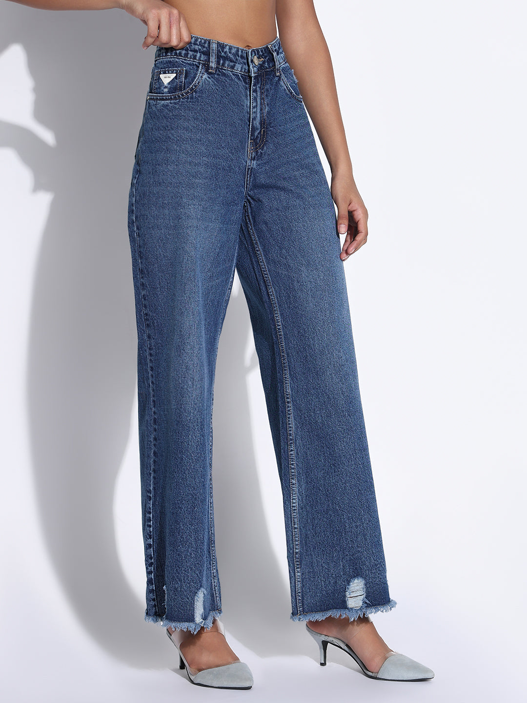 Women's Solid Navy Blue Ripped Wide Leg Jeans