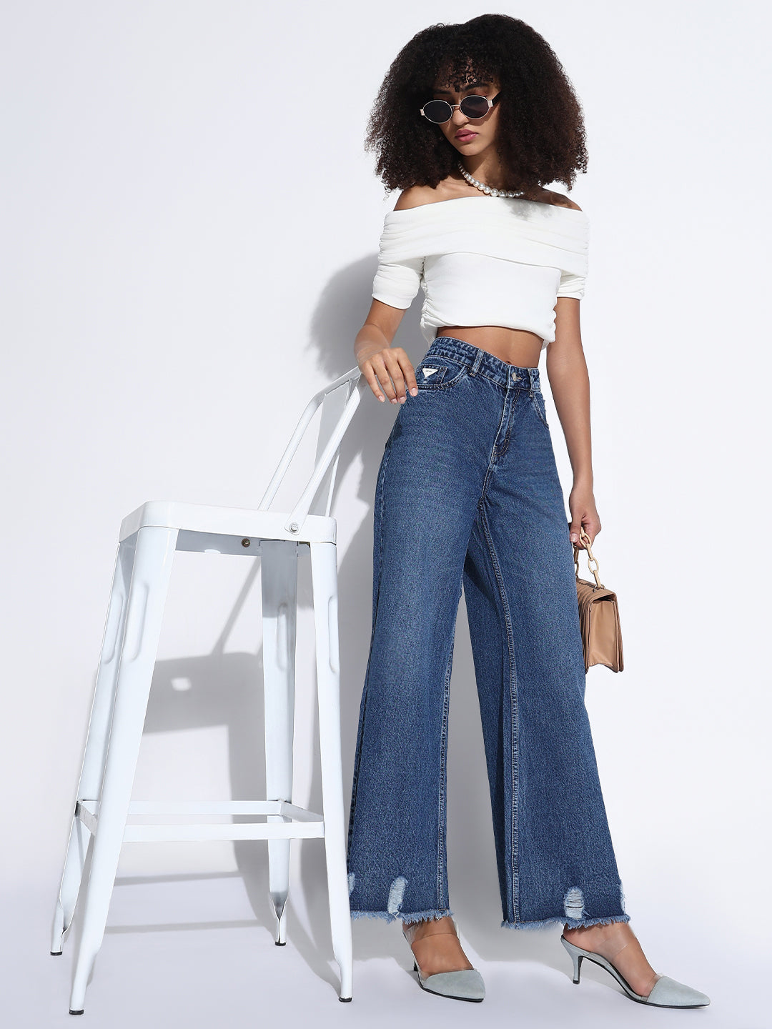 Women's Solid Navy Blue Ripped Wide Leg Jeans