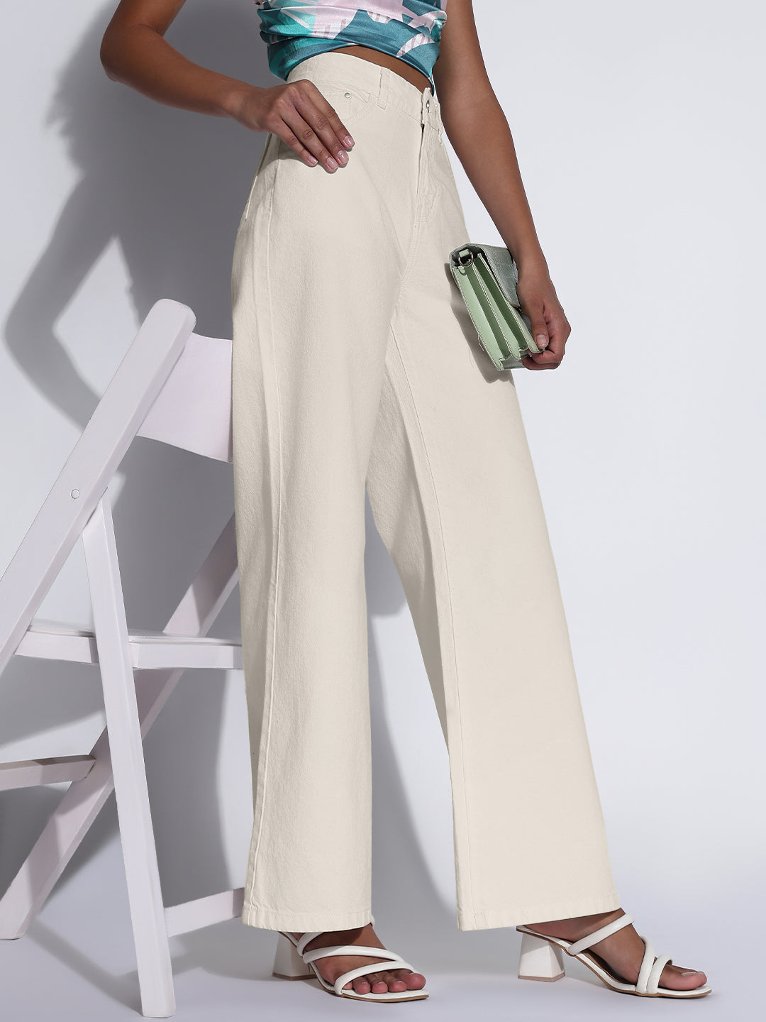 Women's Cream High-Waist Wide Leg Jeans