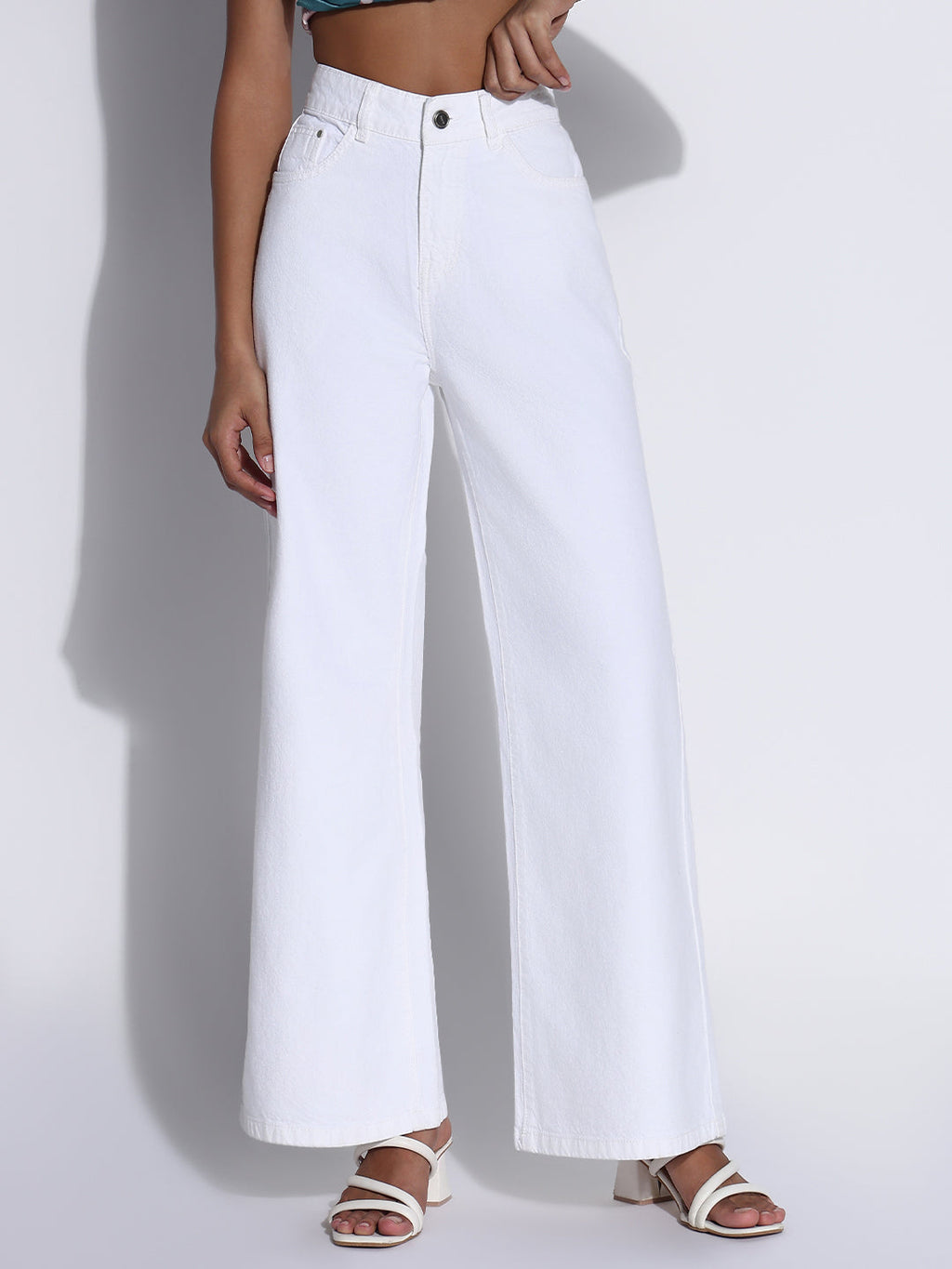 Women's Solid White Wide Leg Jeans
