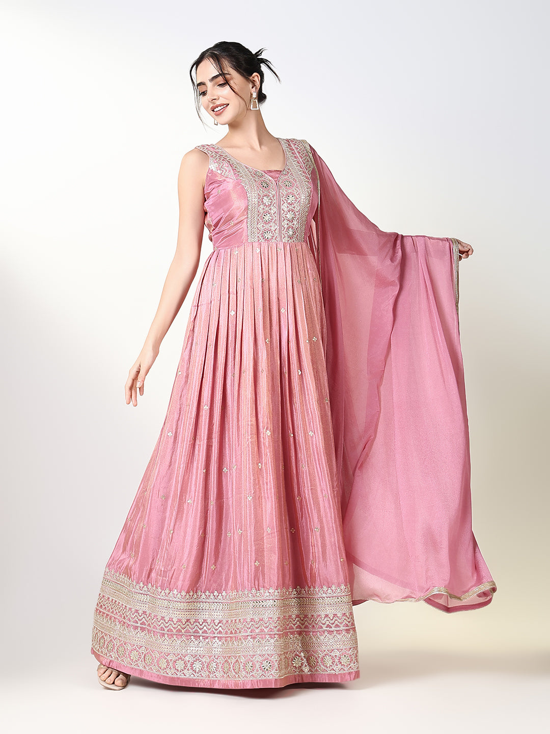 Women's Pink Embroidered Anarkali Kurta with Dupatta