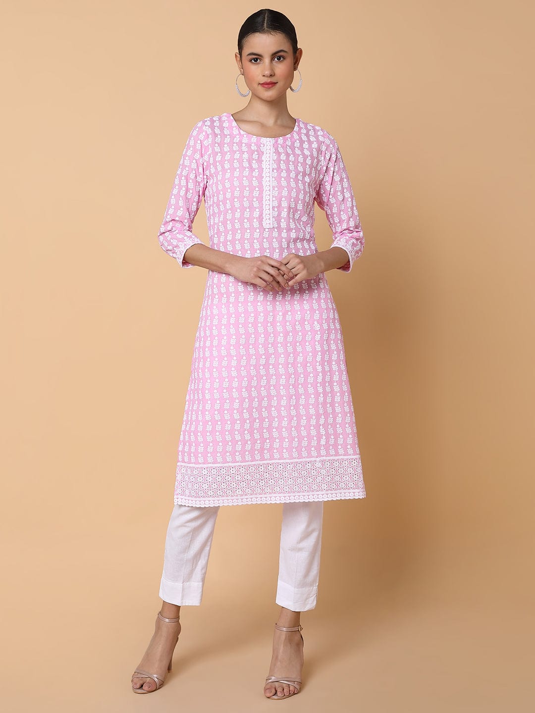 Women's Floral Chikankari Pink Straight Kurta
