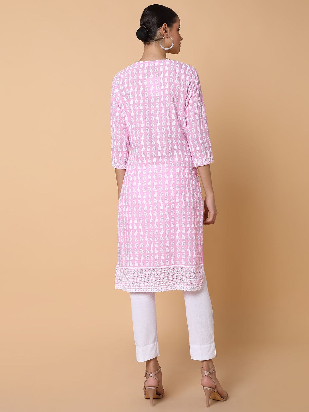 Women's Floral Chikankari Pink Straight Kurta
