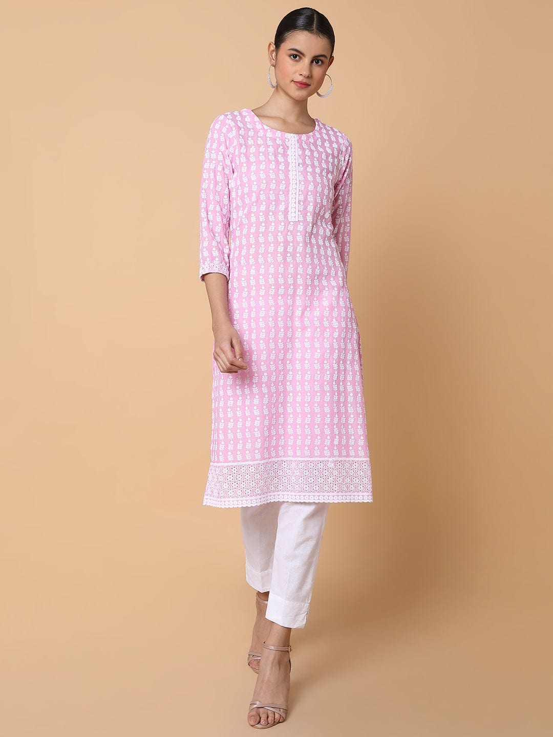 Women's Floral Chikankari Pink Straight Kurta