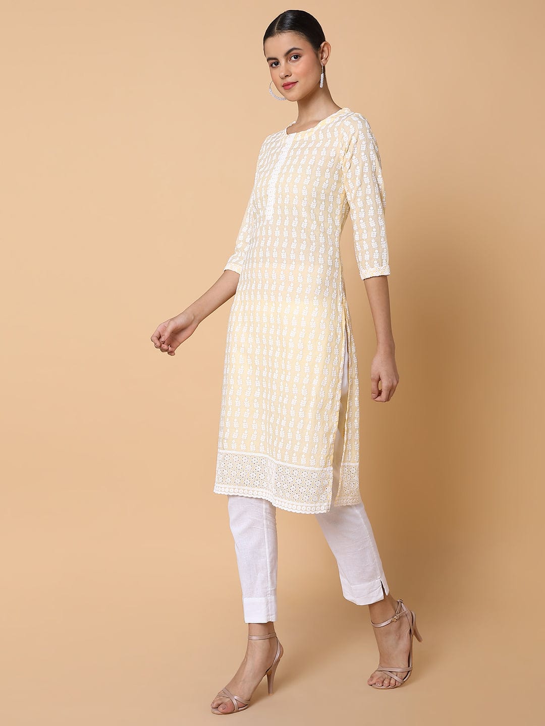 Women's Floral Chikankari Yellow Straight Kurta