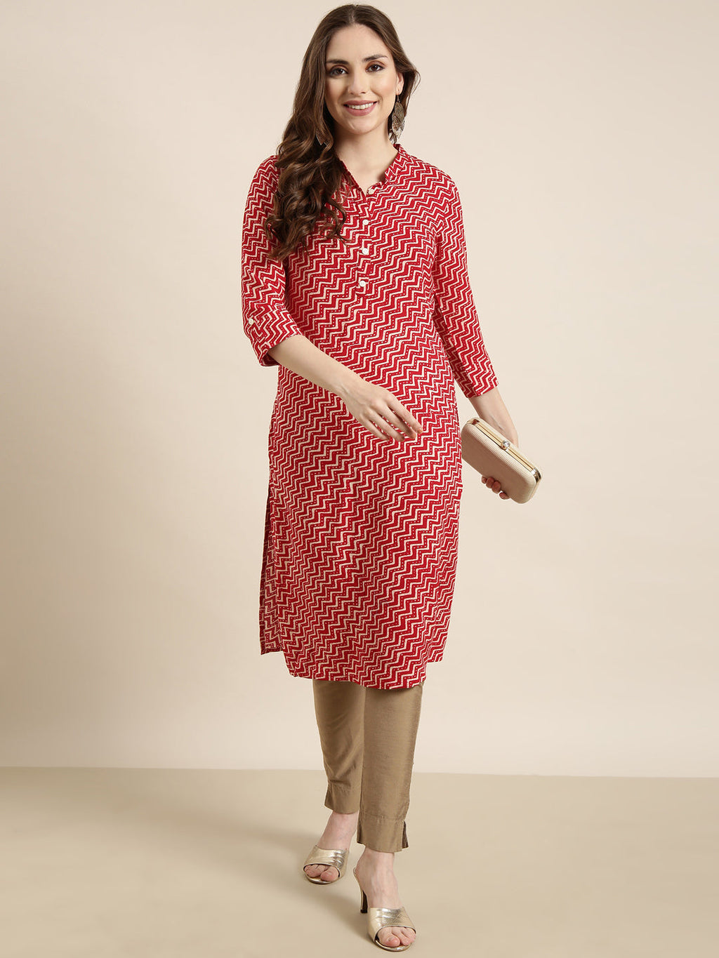 Women's Straight Red Chevron Kurta