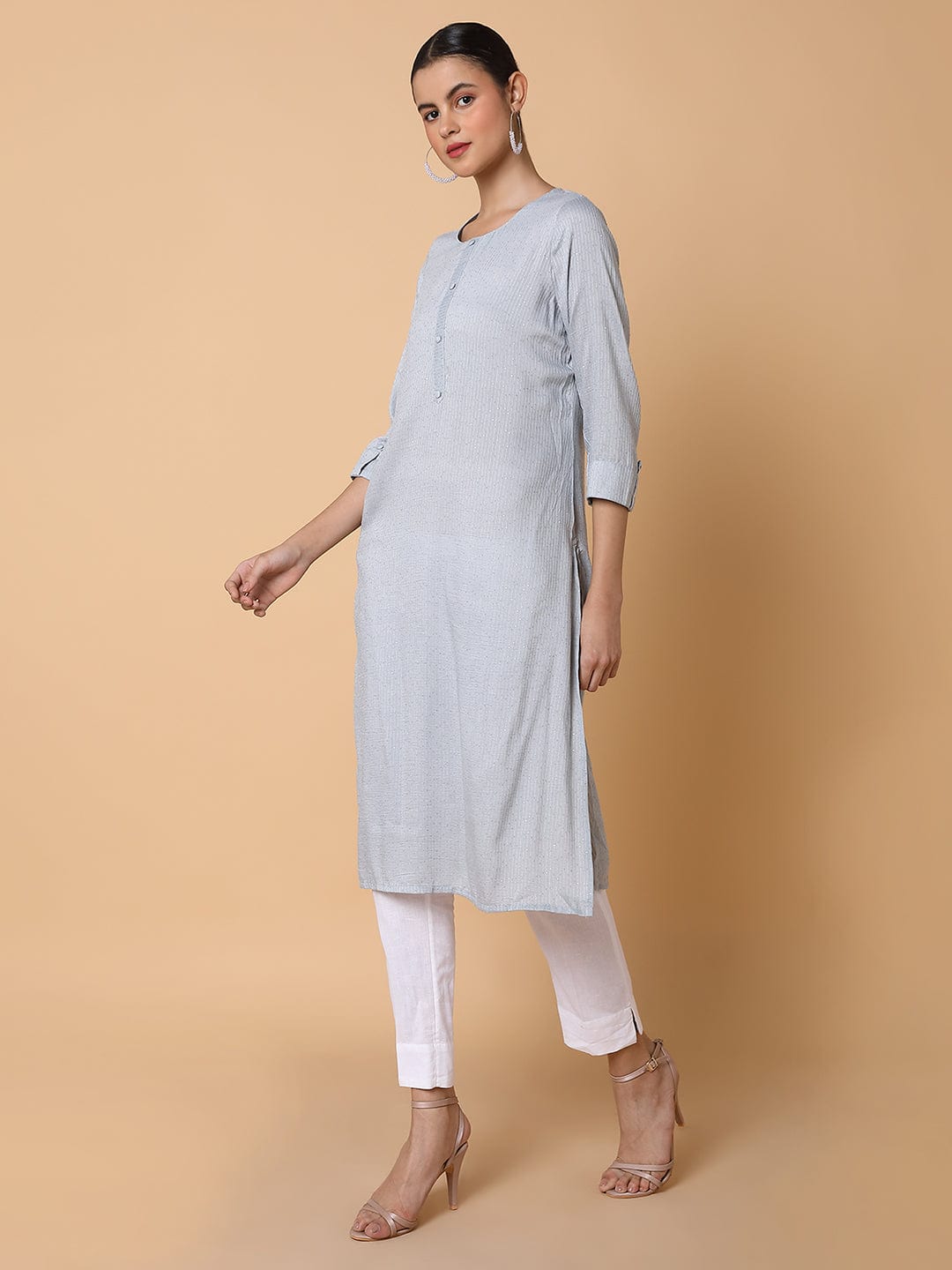 Women's Solid Sequins Grey Straight Kurta