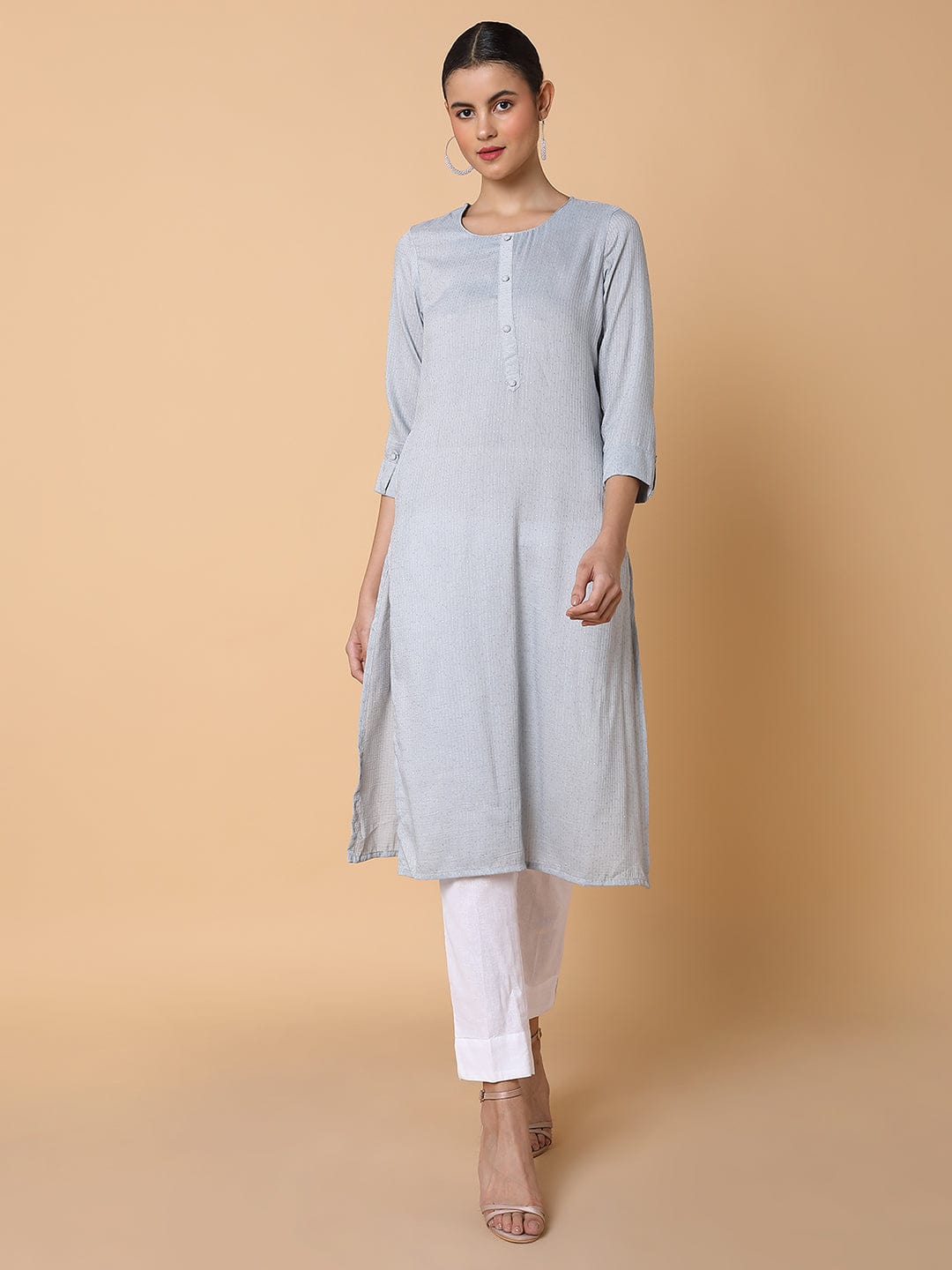 Women's Solid Sequins Grey Straight Kurta