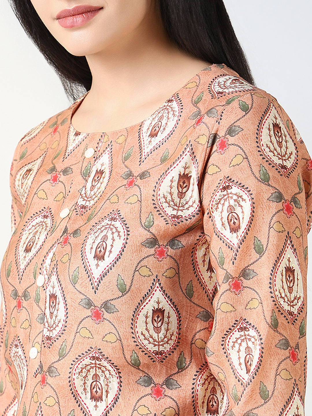 Women's Peach Ethnic Motifs Straight Kurta