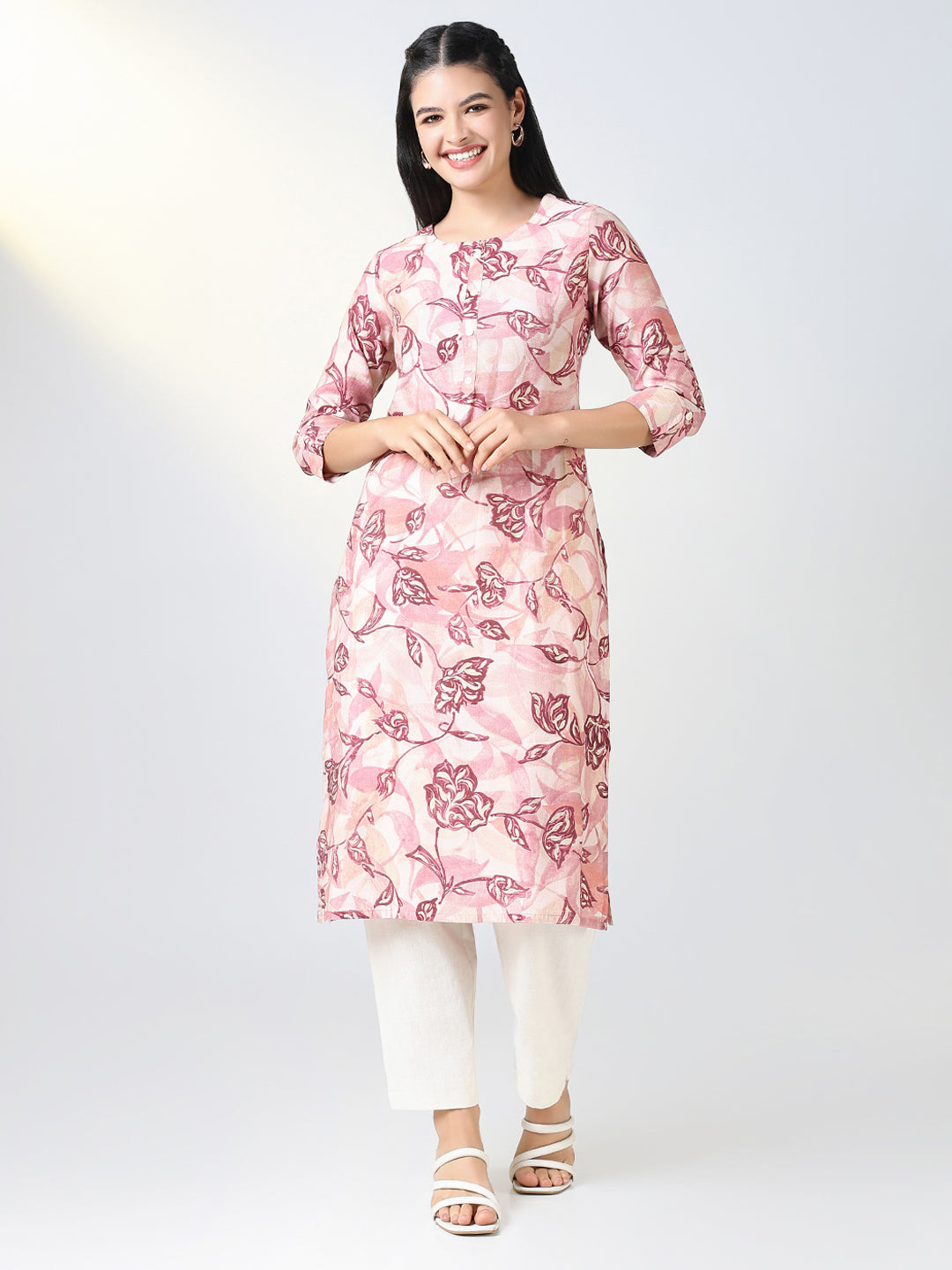 Women's Pink Floral Straight Kurta