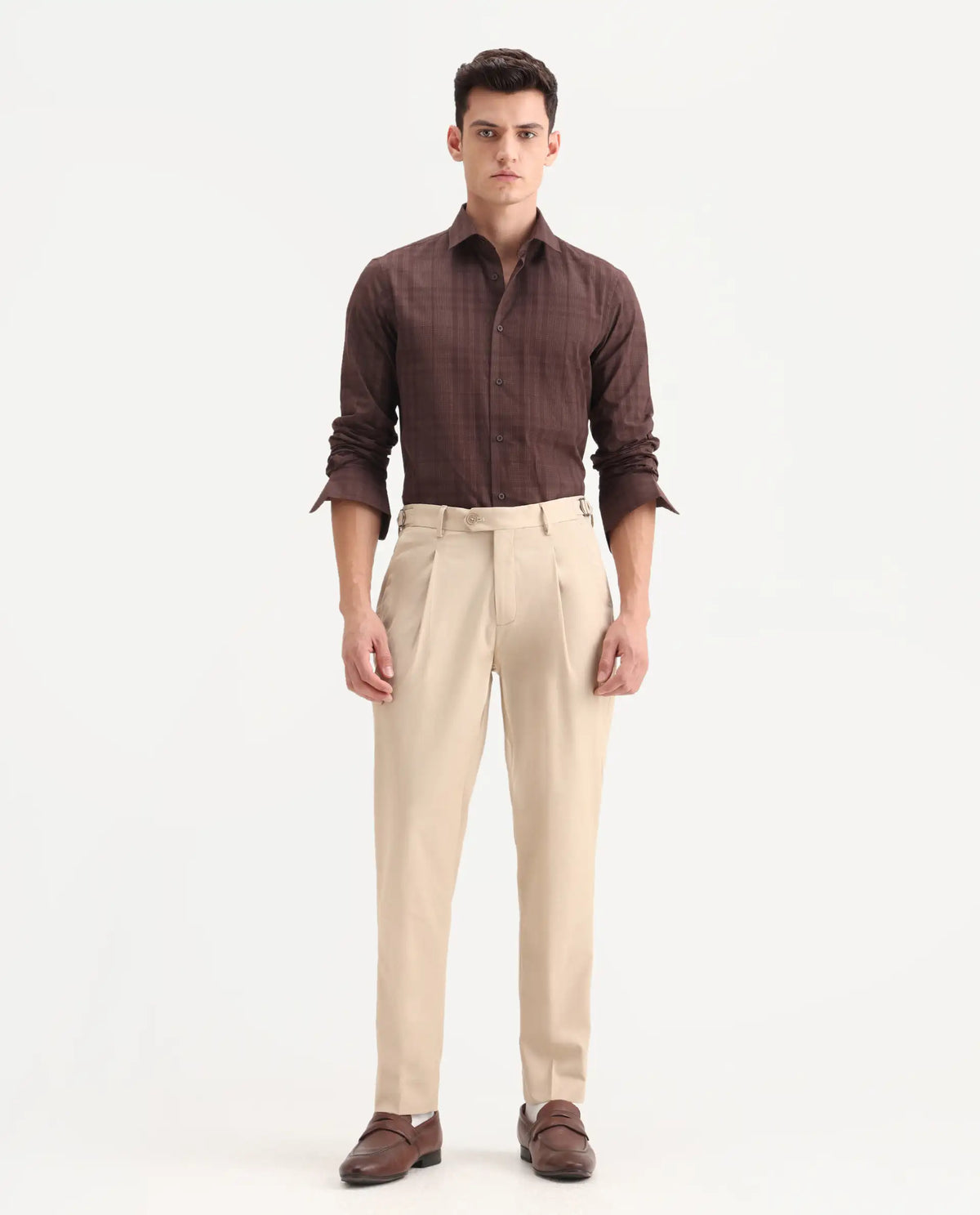 Rare Rabbit Men's Naji Beige Cotton Blend Plain Relaxed Fit Trouser