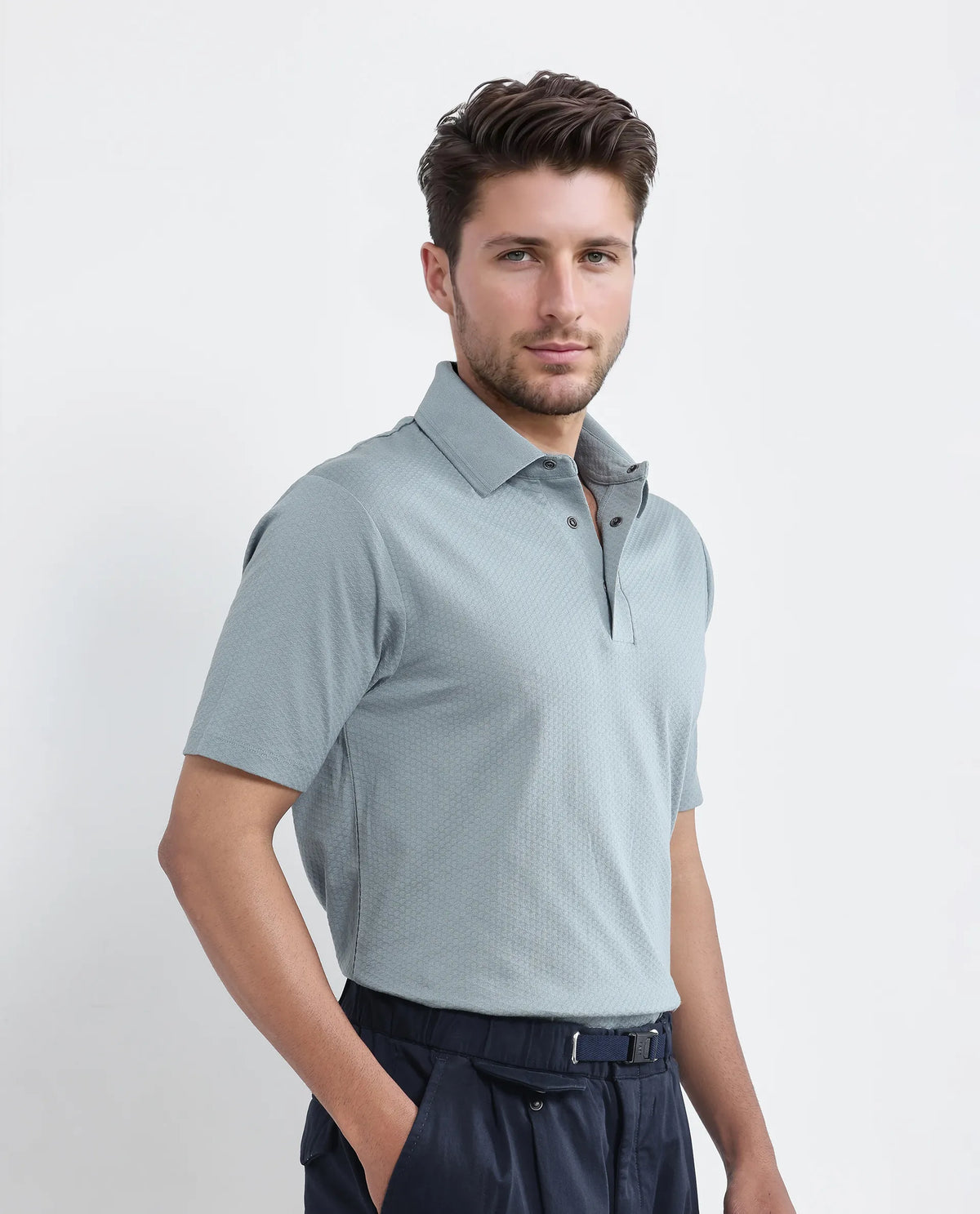 Rare Rabbit Men's Nark Dusky Green Cotton Textured Regular Fit Half Sleeve Polo