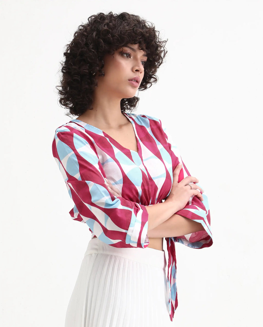 Rareism Women's Nayber Multi Cotton V-Neck Geometric Print Bell Sleeve Crop Regular Fit Top