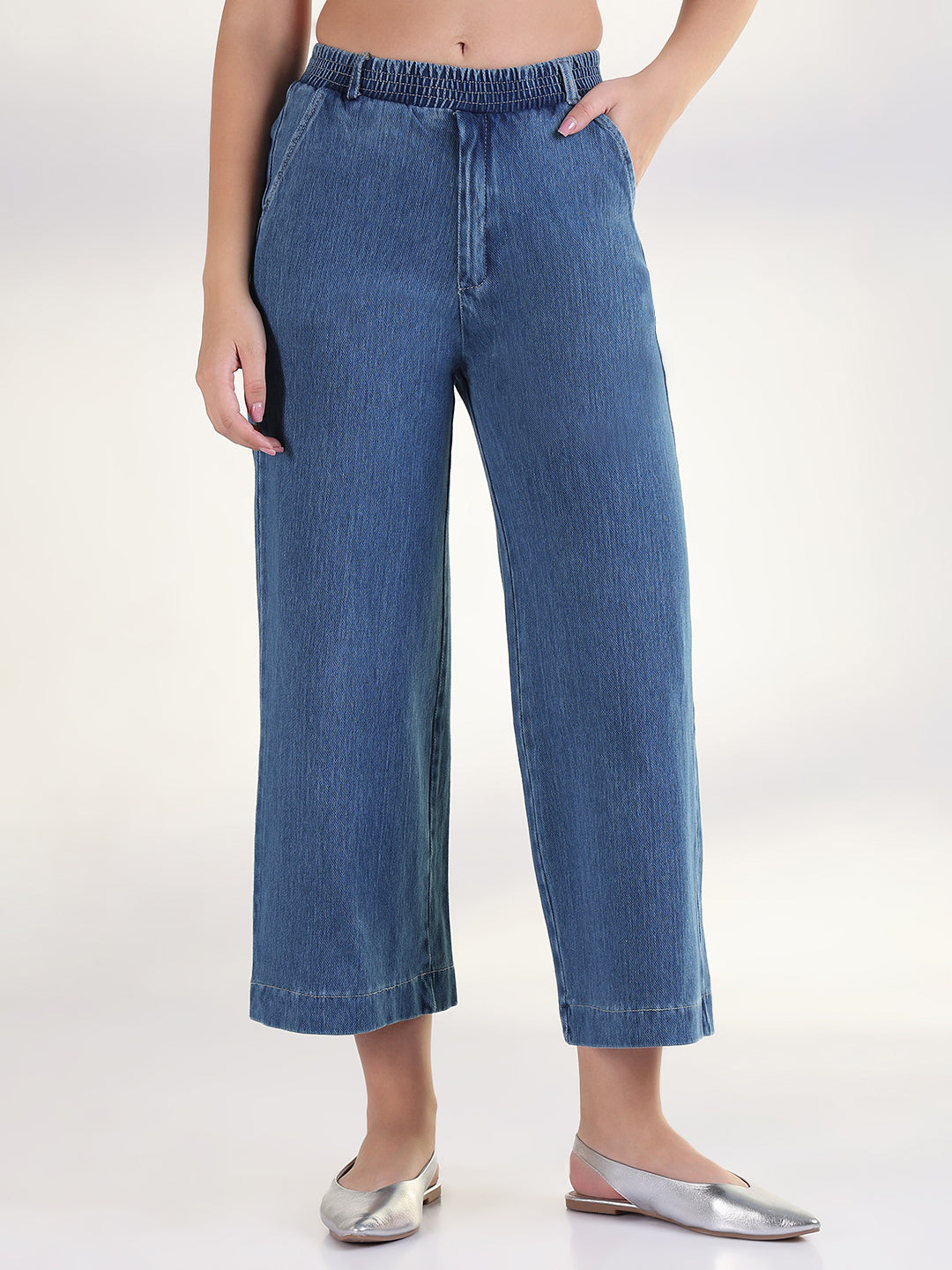 Women's Blue Solid Wide Leg Jeans