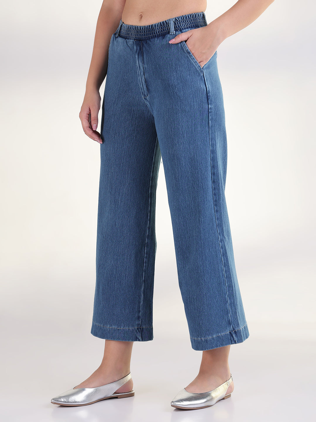 Women's Blue Solid Wide Leg Jeans