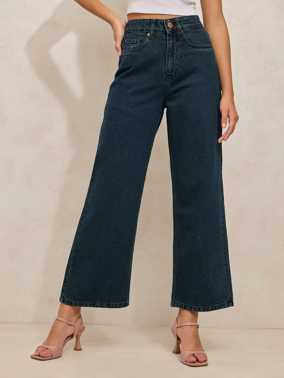 Women's Green High Rise Cropped Straight Fit Jeans