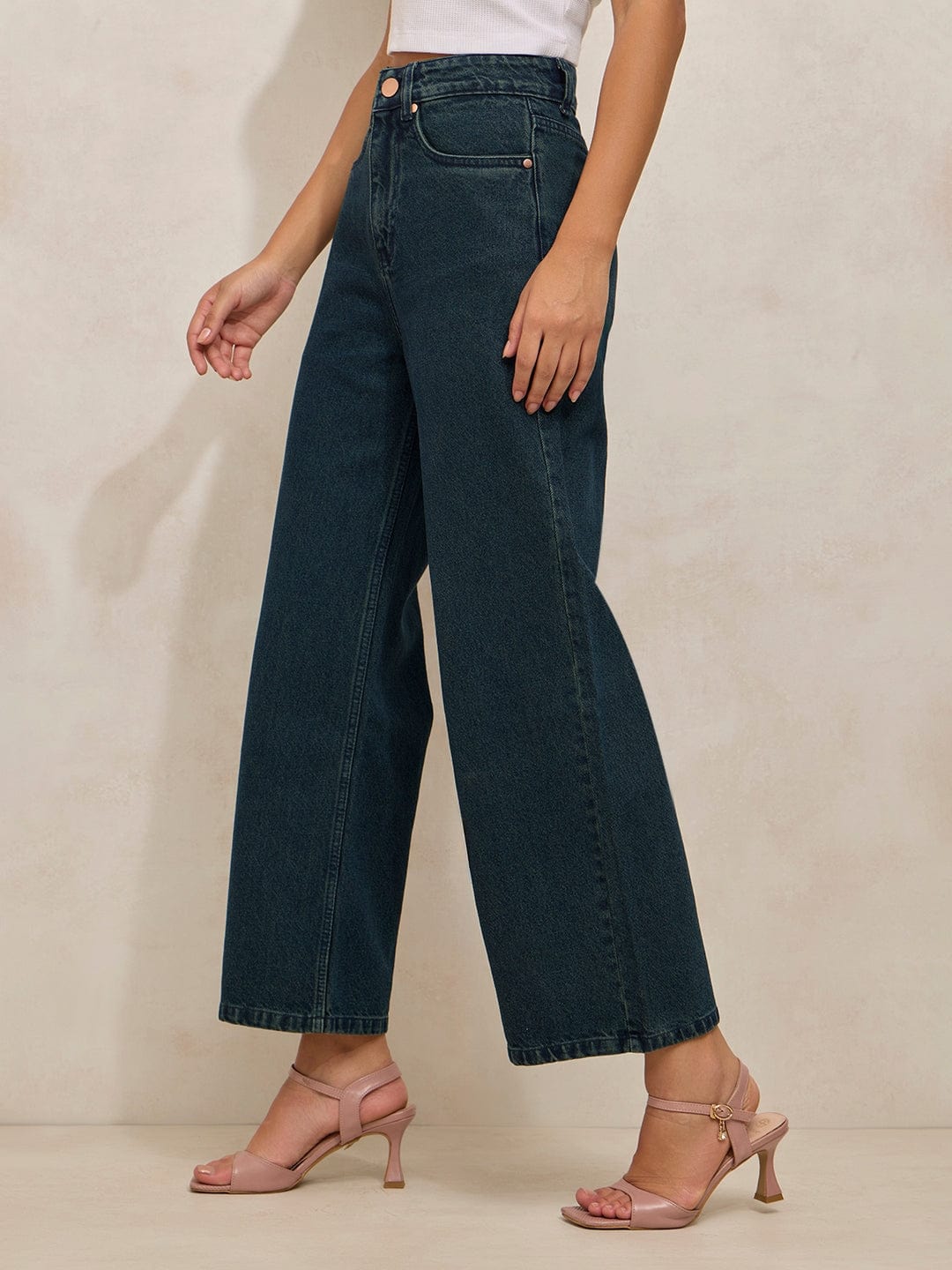 Women's Green High Rise Cropped Straight Fit Jeans