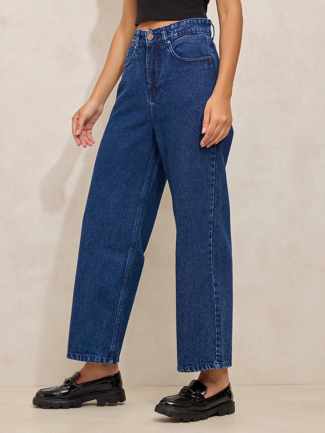 Women's Navy Blue High Rise Cropped Straight Fit Jeans