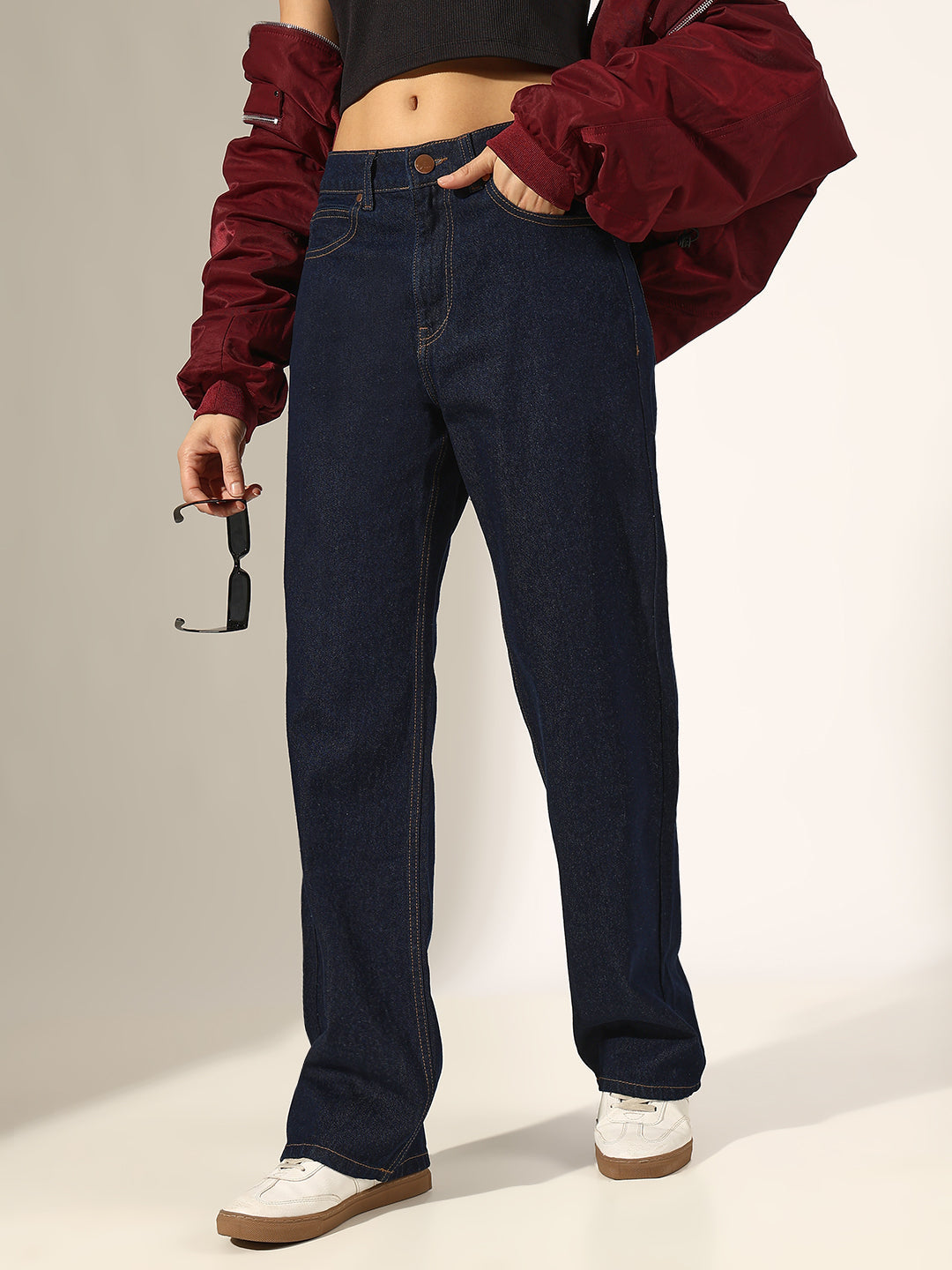 Women's Dark Blue Mid-Rise Relaxed Fit Jeans