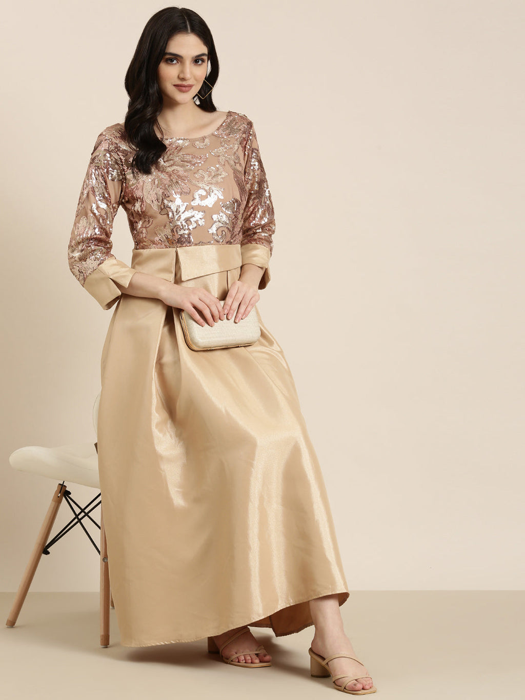 Women's Gold Embellished Fit & Flare Dress
