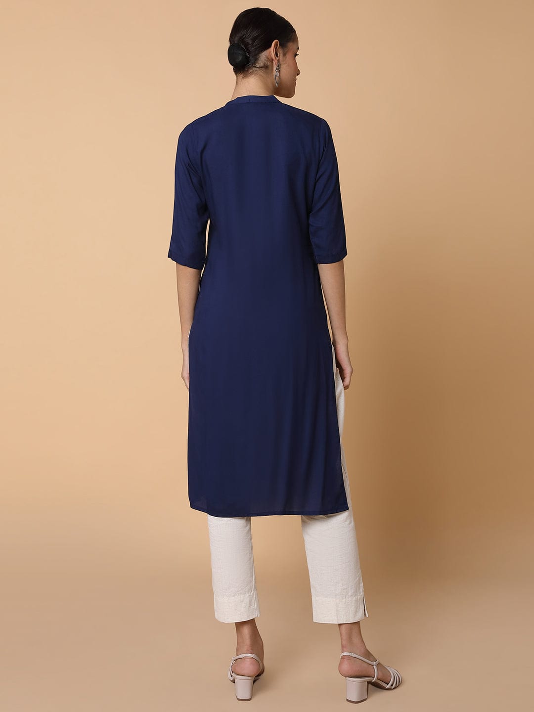 Women's Straight Navy Blue Solid Kurta