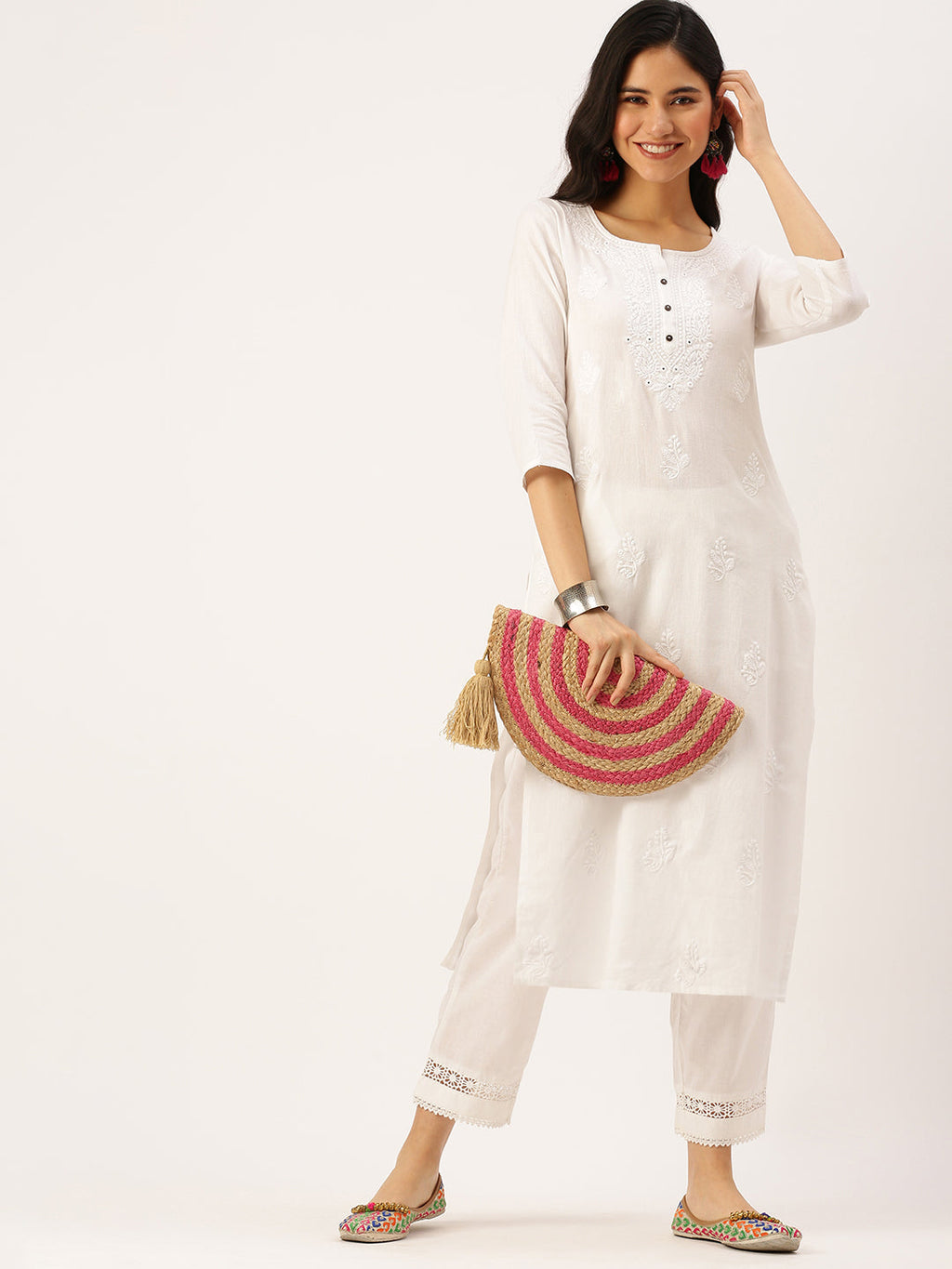 Women's White Embroidered Straight Kurtas