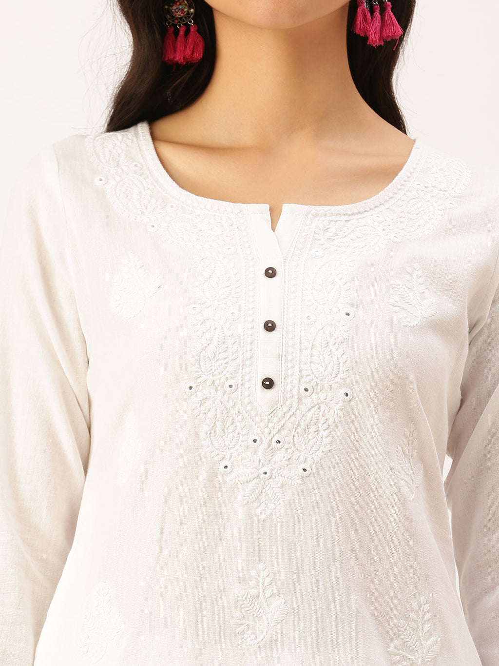 Women's White Embroidered Straight Kurtas