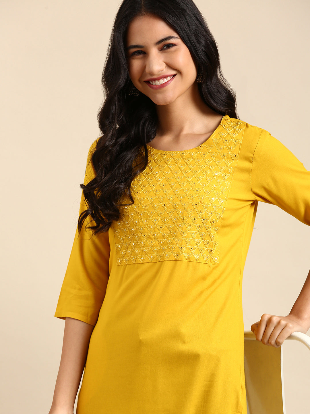 Women's Yellow Sequinned Straight Regular Kurta