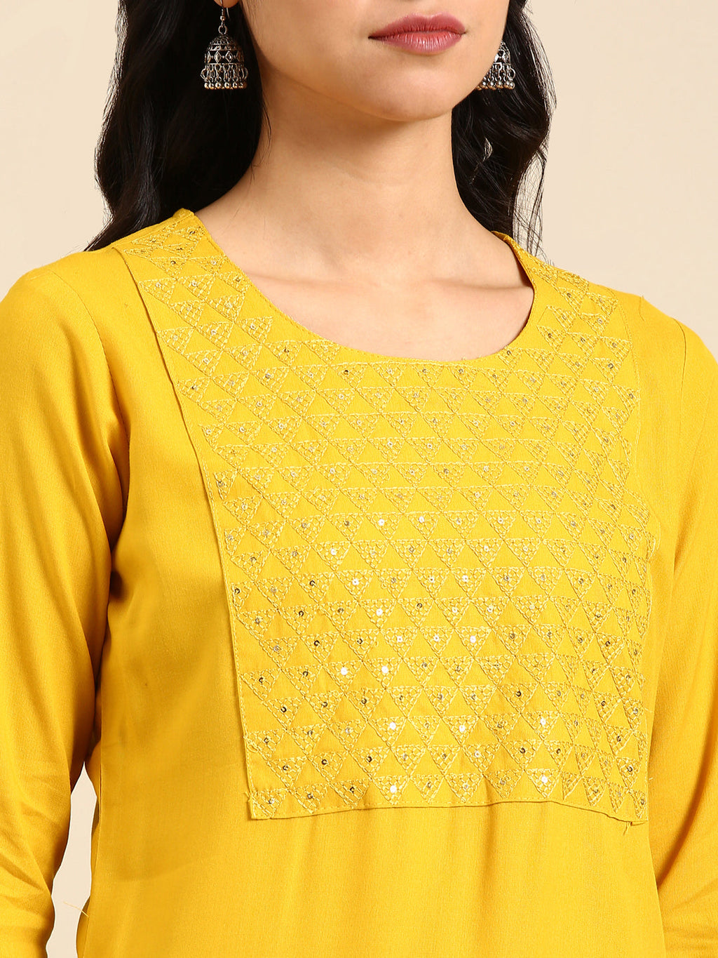 Women's Yellow Sequinned Straight Regular Kurta
