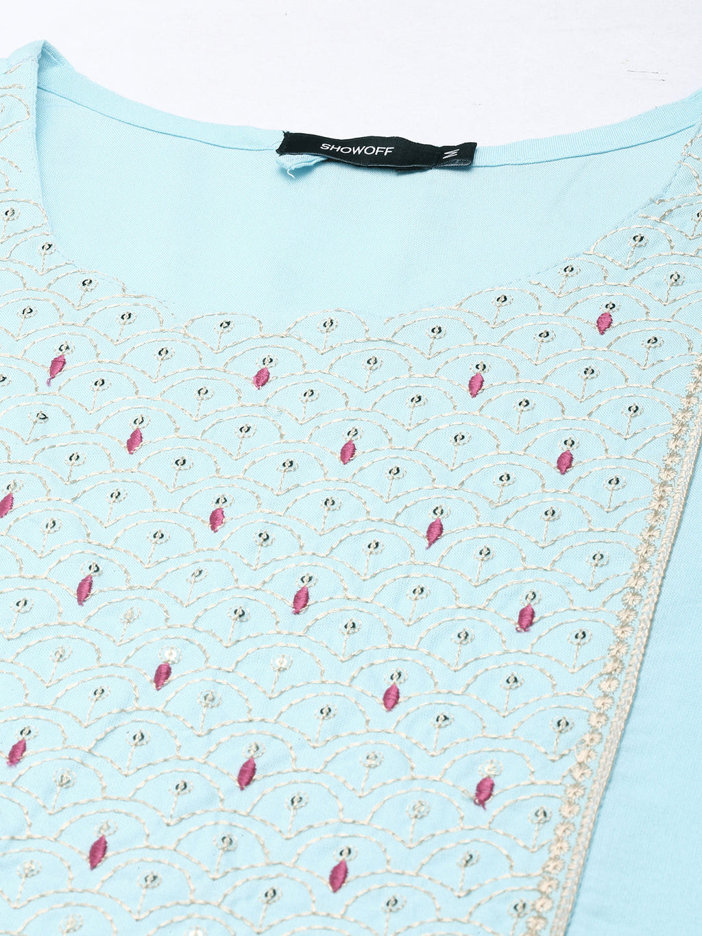 Women's Blue Ethnic Motifs Thread Work Sequined Pastels Cotton Straight Kurta