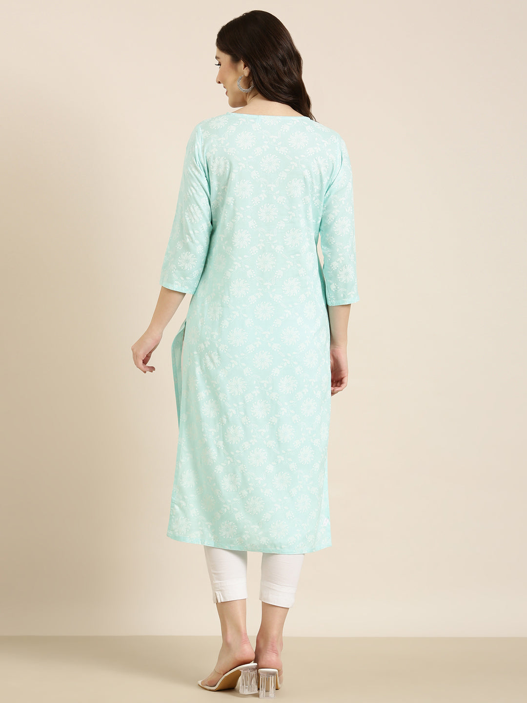 Women's Sea Green Floral Printed Thread Work Straight Kurta