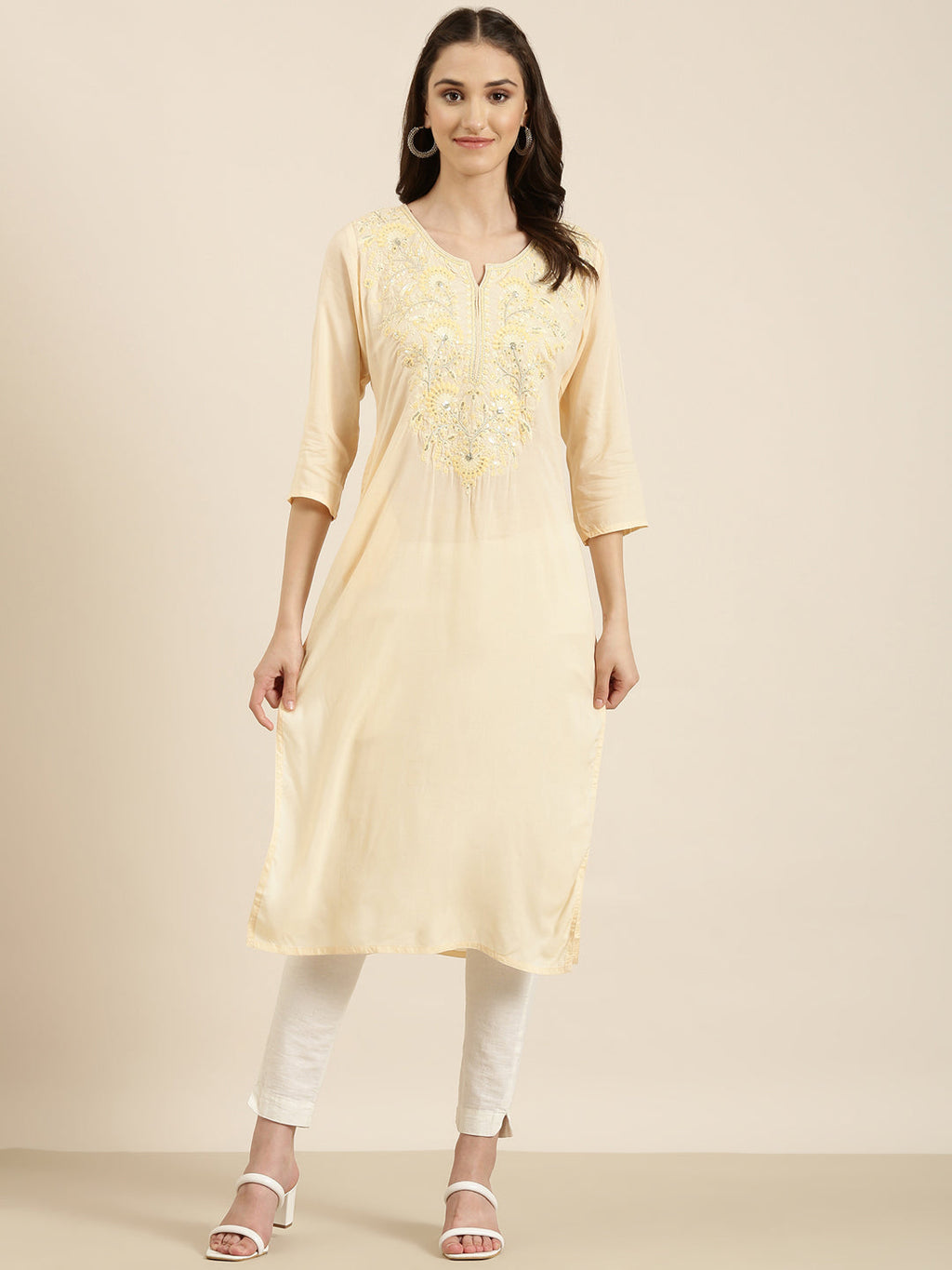 Women's Peach Solid Straight Kurta