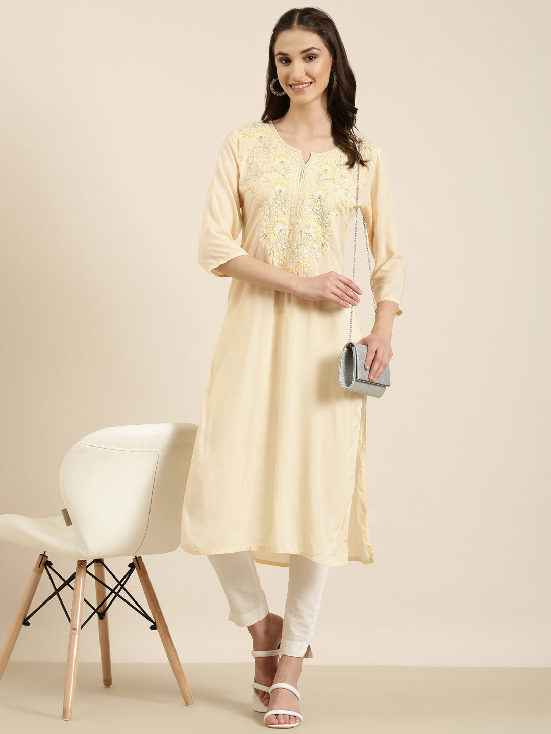 Women's Peach Solid Straight Kurta